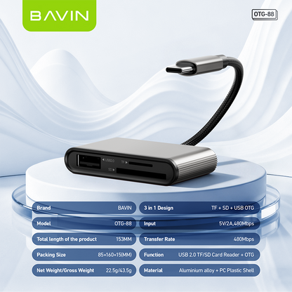 BAVIN O88 OTG 3in1 Card Reader Adapter for USB/TF/SD Card w/480Mbps Data Transfer for Laptop, Phones