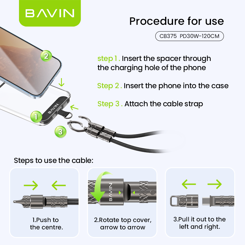 BAVIN CB375 30W PD Fast Charging Cable For Crossbody & Wrist Phone Lanyard 1.2M Cord Strap