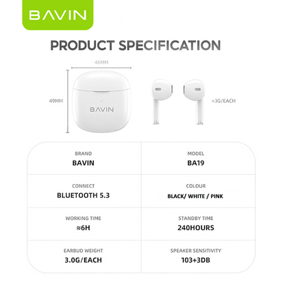 BAVIN HB-BA-19 TWS Wireless Bluetooth Earbuds w/ High Stereo Sound & Touch Control