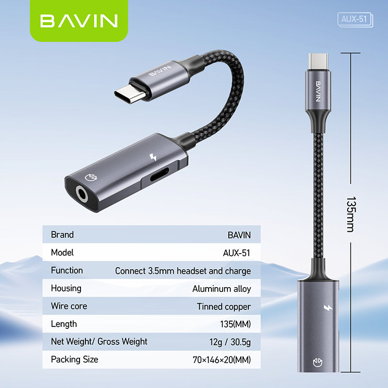 BAVIN AUX51 USB-C Adapter Splitter TYPE-C+3.5mm Jack Audio & Charger D