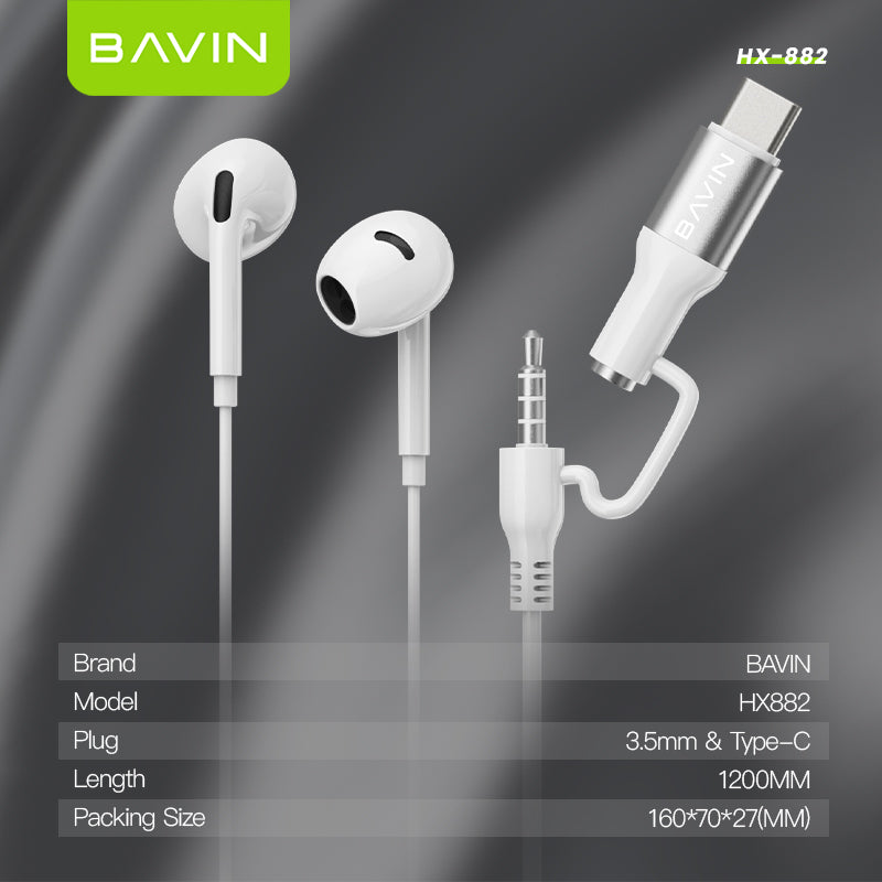 BAVIN HX882 2-in-1 Wired In-Ear Earphones w/ 3.5mm + Type-C Dual Connectors, Hi-Res Audio w/ Volume Control & Microphone