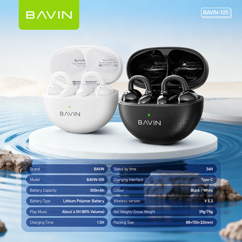 BAVIN BA105 TWS Hi-Res Audio BT 6.0 Wireless Open-Ear Clip Earphones w/ Long-Lasting Microphone