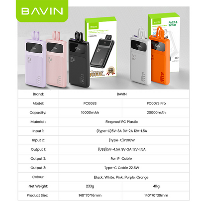 BAVIN PC008 10000mAh / PC007 20000mAh 22.5W Fast Charging Powerbank w/ Built-in Cable & LED Display