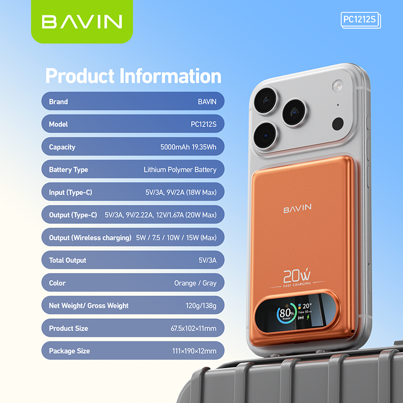 BAVIN PC1212 5000mAh 15W Fast Charging Magnetic Powerbank w/Smart TFT Display+Ultra Thin for iPhone 15-17