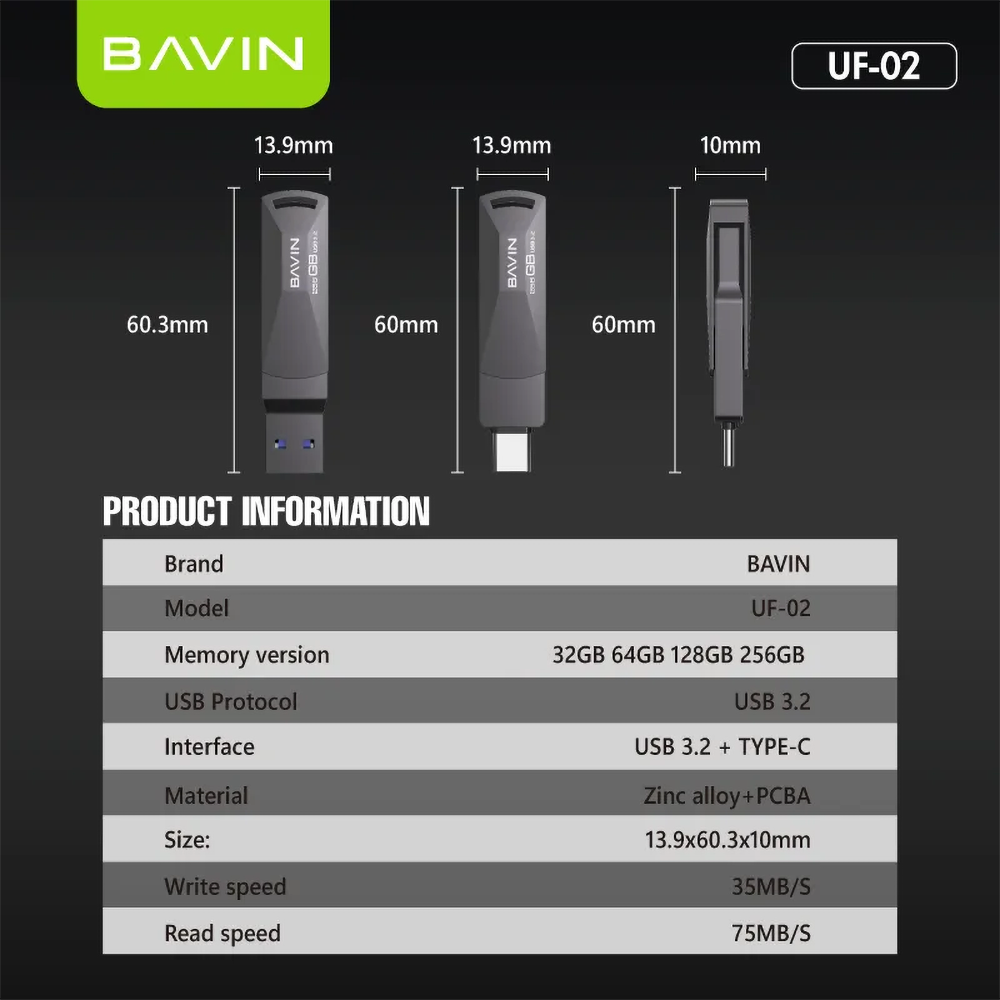 BAVIN UF02 Dual Interface USB 3.2 & Type-C Flash Drive High-Speed Plug & Play for Fast Data Transfer
