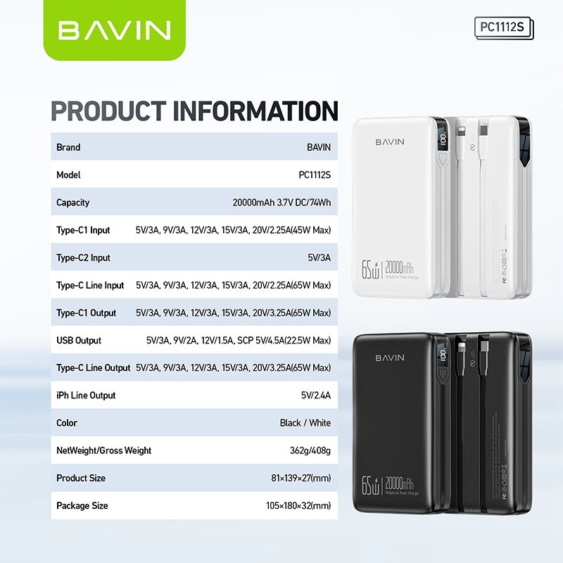 BAVIN PC1112S 20000mAh / 25000mAh 100W Fast Charging Powerbank w/ Built-in Cables, Supports Phones & Laptop