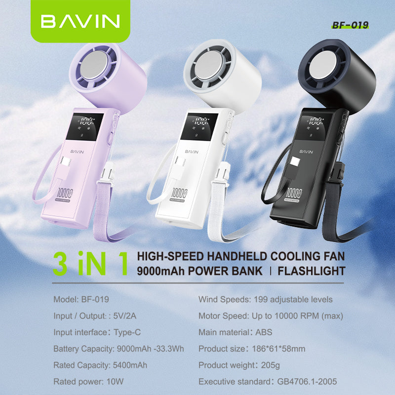BAVIN BF019 Foldable Ultra Quiet Ice Cooling Handheld Fan 199-Speed w/ 9000mAh Powerbank + Flashlight