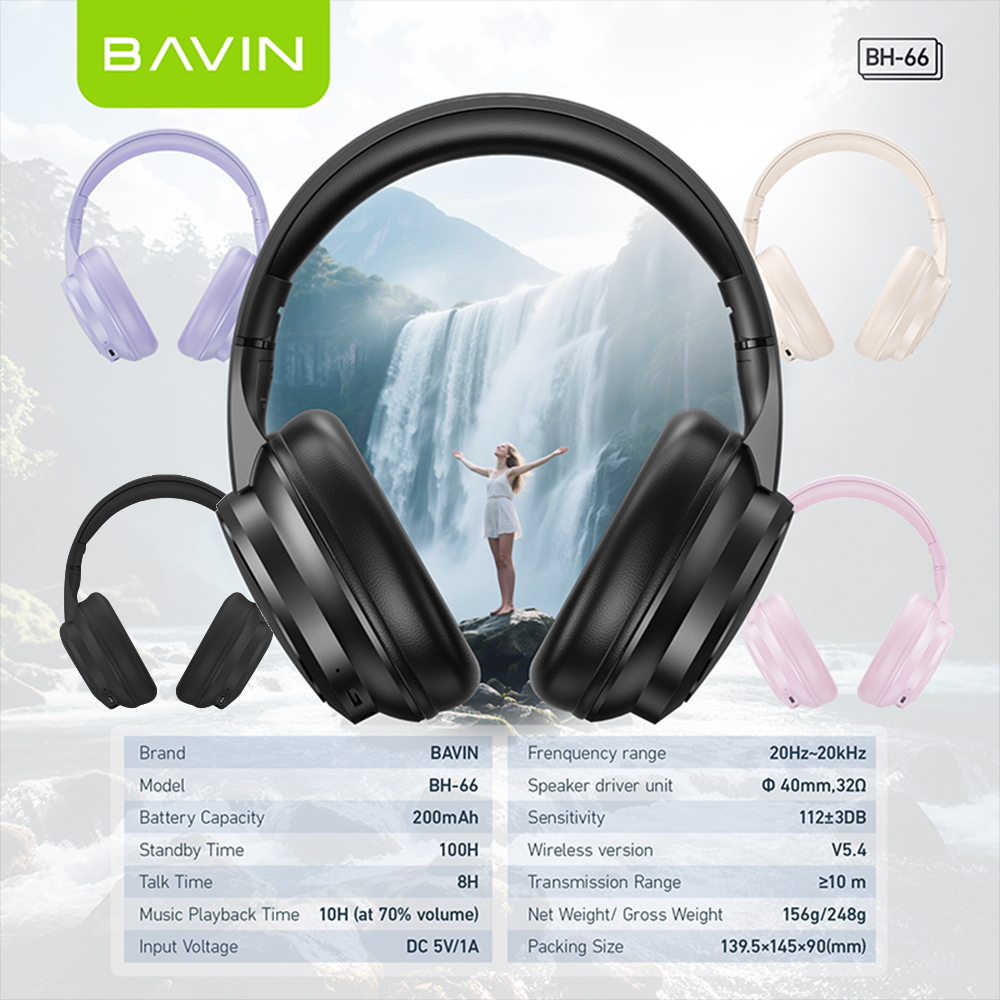BAVIN BH66 Bluetooth Wireless 5.4 Over-Ear Headphones | Foldable & Adjustable Headset HiFi Sound