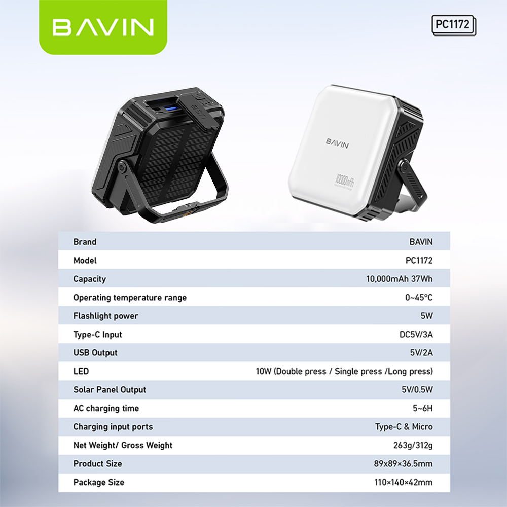 BAVIN PC1172 10000mAh Solar Powerbank w/Waterproof LED | Emergency Light | for Outdoor & Camping