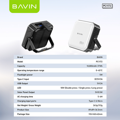 BAVIN PC1172 10000mAh Solar Powerbank w/Waterproof LED | Emergency Light | for Outdoor & Camping