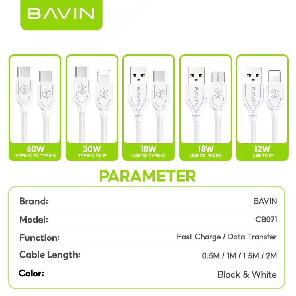 BAVIN CB071 QC3.0 Fast Charging Cable 18W/30W/60W Micro iPhone Type-C/V3 Mini USB iPhone 4S & P1000 0.5m-2m 2.4A Data Transfer