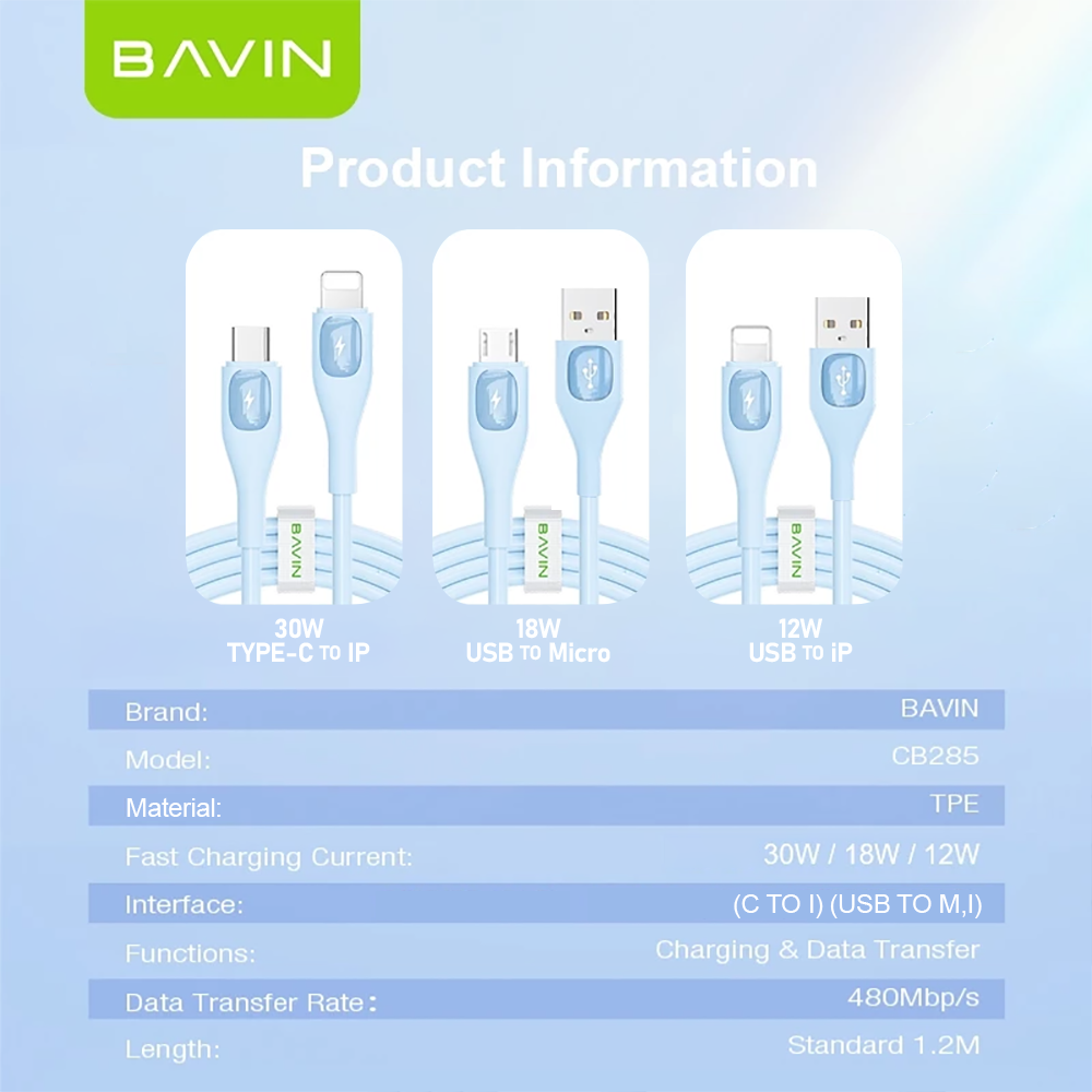BAVIN U-CB285 PD 30W / 18W / 12W Fast Charging Data Cable Widely Compatible w/ iPhone, Micro Type-C to iPh