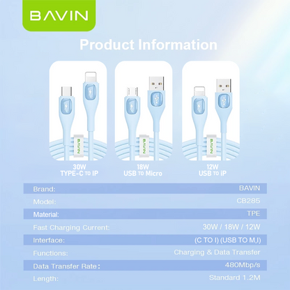 BAVIN U-CB285 PD 30W / 18W / 12W Fast Charging Data Cable Widely Compatible w/ iPhone, Micro Type-C to iPh