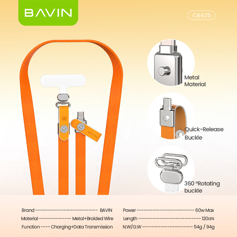 BAVIN CB425 2in1 60W Fast Charging Phone Strap Lanyard + Flat Type-C Data Cable 1.2m for iPhone 17, Android