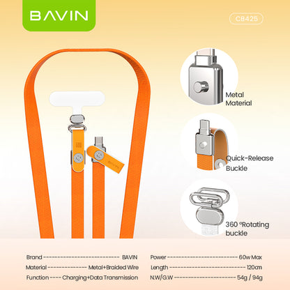 BAVIN CB425 2in1 60W Fast Charging Phone Strap Lanyard + Flat Type-C Data Cable 1.2m for iPhone 17, Android
