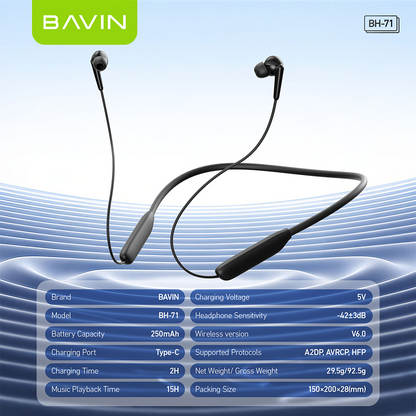 BAVIN BH71 HiFi Bluetooth 6.0 Wireless Magnetic Neckband Headphone | 15H Playtime | Game Sports Earbud