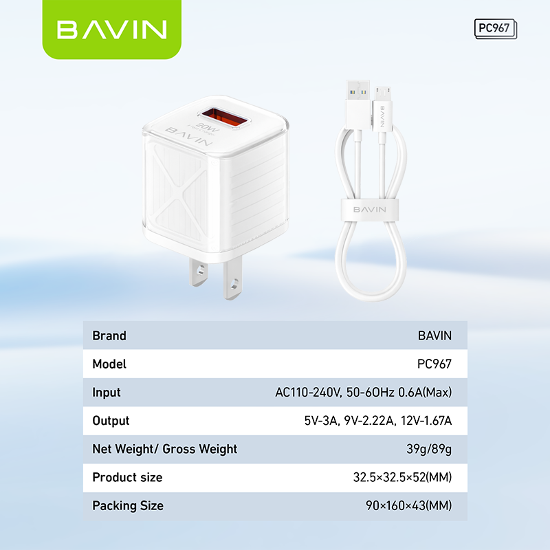 BAVIN PC967 PD 20W Mini Fast Charger Adapter w/ Intelligent Micro Chip for iPhone 16 & Android Phones
