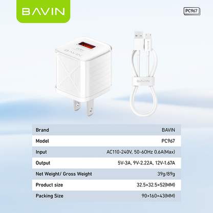 BAVIN PC967 PD 20W Mini Fast Charger Adapter w/ Intelligent Micro Chip for iPhone 16 & Android Phones