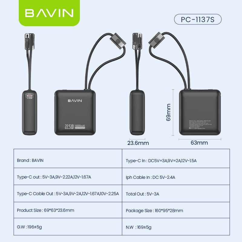 BAVIN PC1137 10000mAh Mini Powerbank 22.5W Fast Charging w/ Built-in Cables Compatible for Android & iPhone 6-17 Series