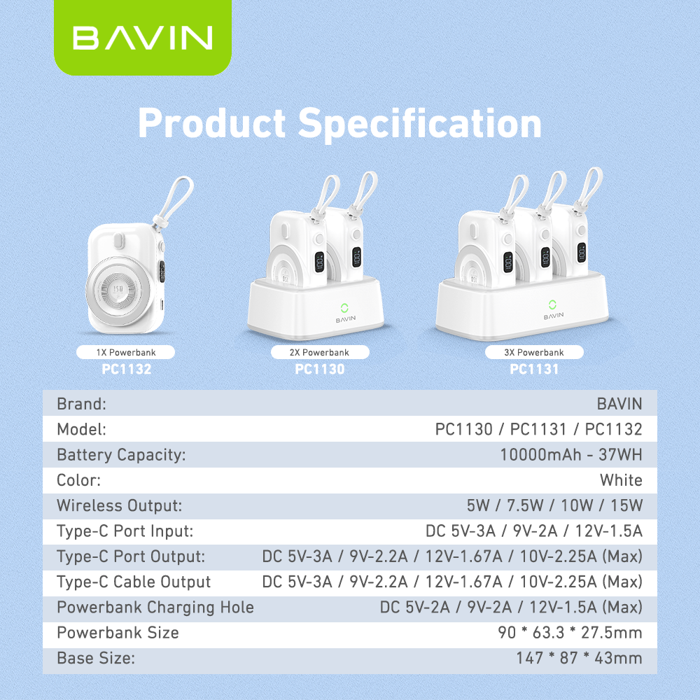 BAVIN Y-PC1130 10000mAh Docking Station Magnetic Wireless Powerbank w/ Built-in Cable