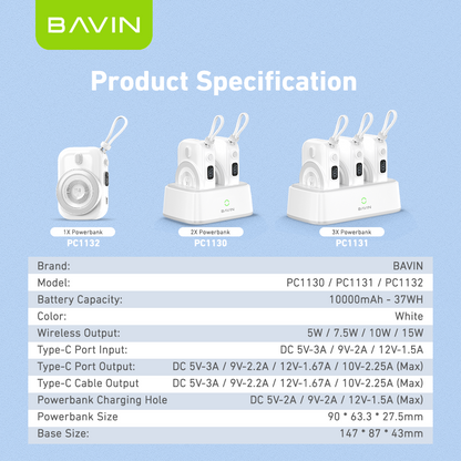 BAVIN Y-PC1130 10000mAh Docking Station Magnetic Wireless Powerbank w/ Built-in Cable