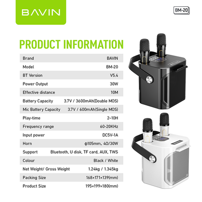 BAVIN DV-BM20 Professional Karaoke Bluetooth 5.0 Portable Speaker w/ Dual Microphones & Phone Stande