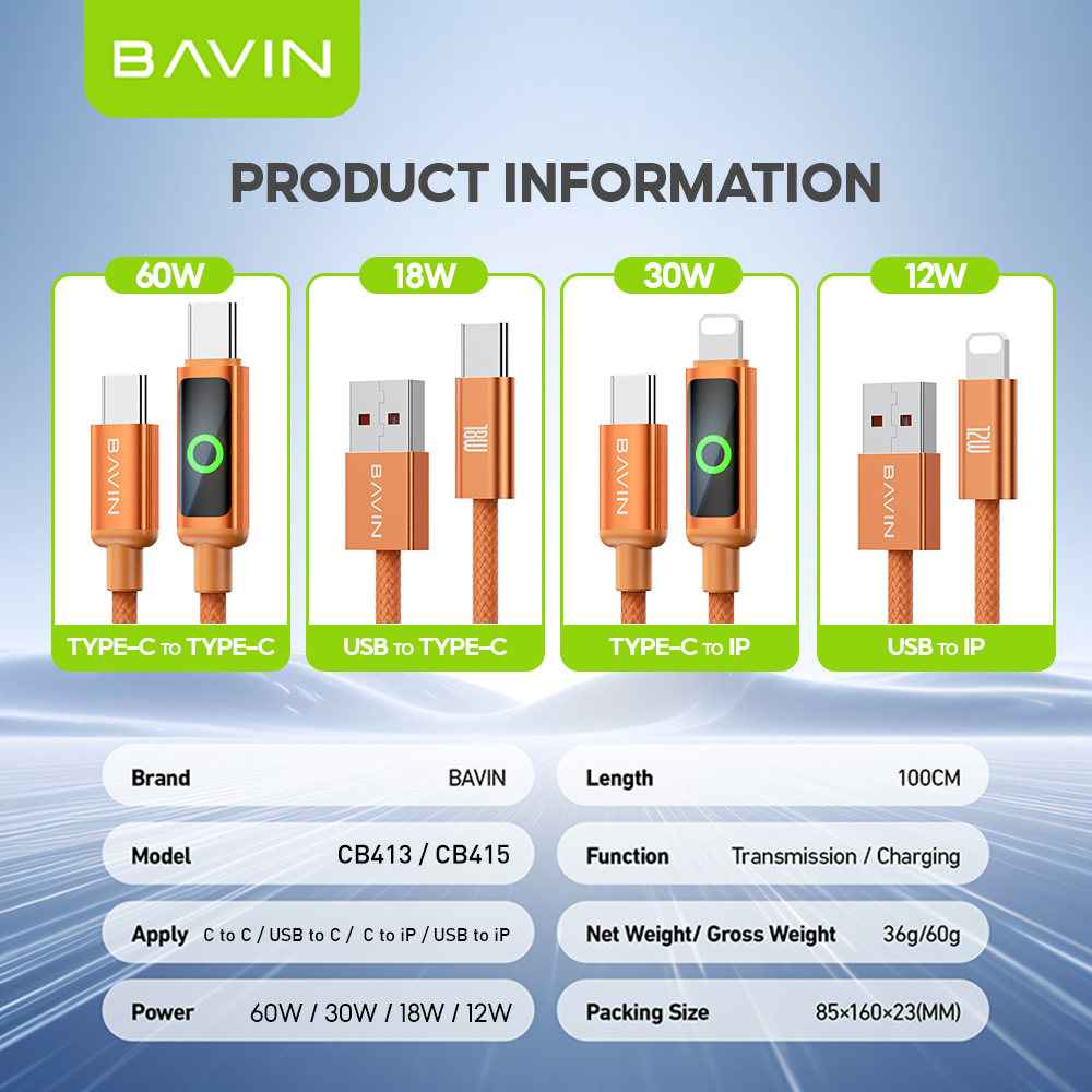 BAVIN CB413 / CB415 PD 60W Type-C Fast Charging 1m Braided Cable w/ High-Speed Data Transfer for iPhone 15-17 & Android Devices