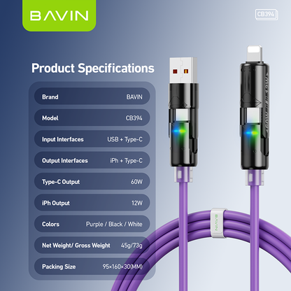BAVIN U-CB394 60W 4-in-1 Silicone Fast Charging Cable w/ RGB Light Type-C & iPhone for Laptop, Tablet & Phones