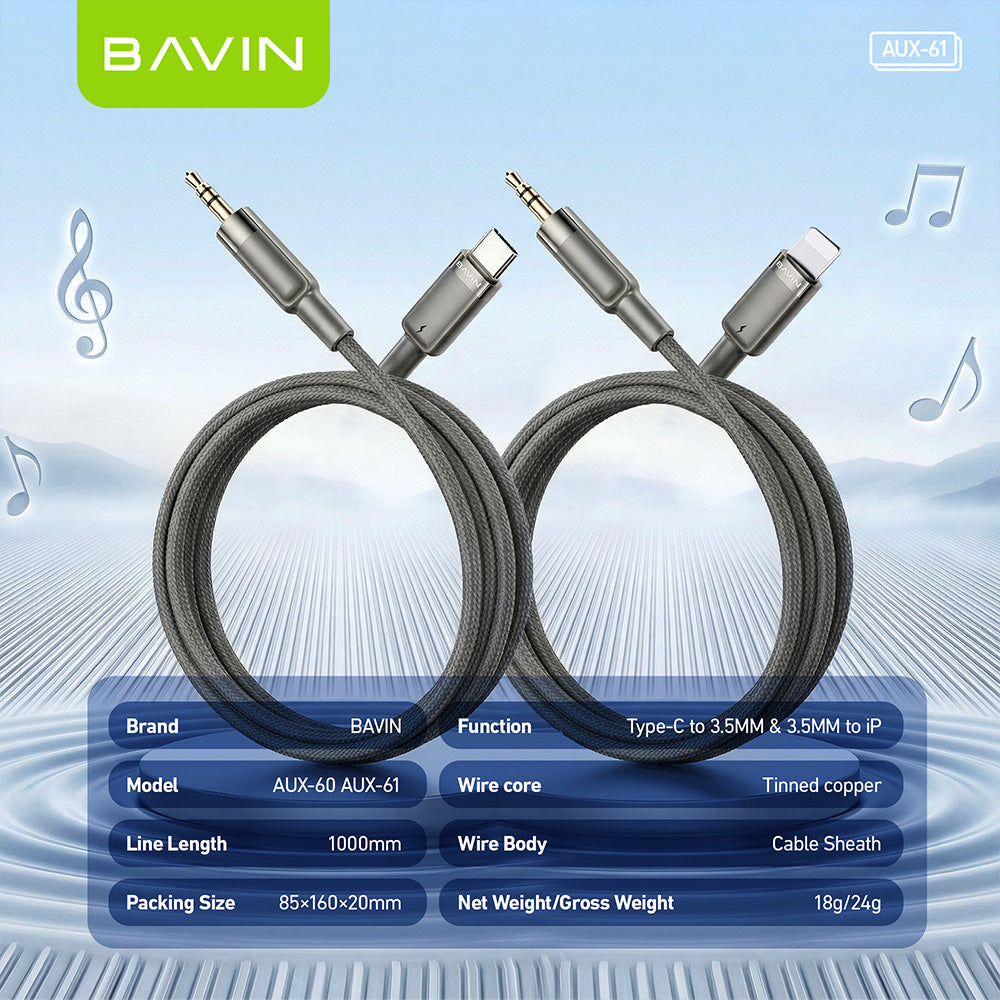 BAVIN AUX60/AUX61 1M Hi-Res Type-C / iPhone to 3.5mm AUX Audio Cable Male to Male for Headphone Headset