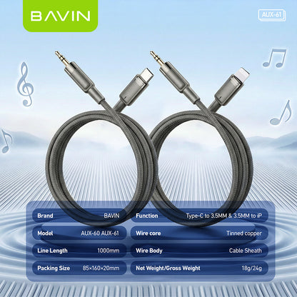 BAVIN AUX60/AUX61 1M Hi-Res Type-C / iPhone to 3.5mm AUX Audio Cable Male to Male for Headphone Headset
