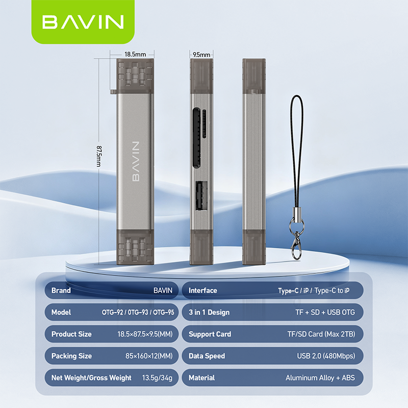 BAVIN O92 3-in-1 USB2.0 Portable Card Reader TF + SD + USB OTG w/480Mbps For Laptop, Smartphone, Tablet & OTG Supported