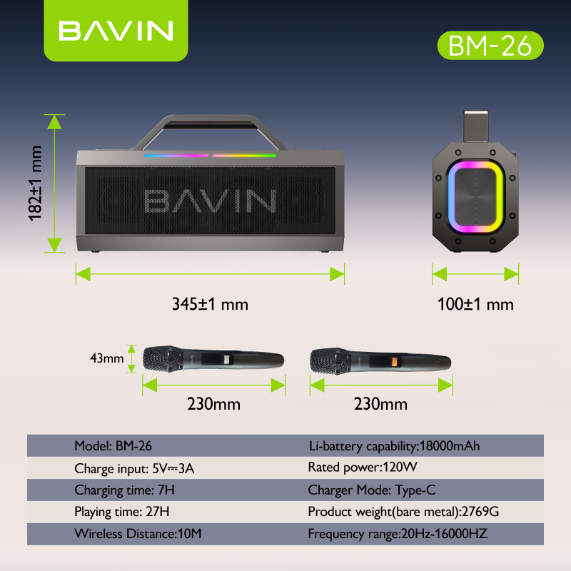 BAVIN DV-BM26 Outdoor Bluetooth Speaker Splash Proof & Durable w/ 2 Wireless Microphones