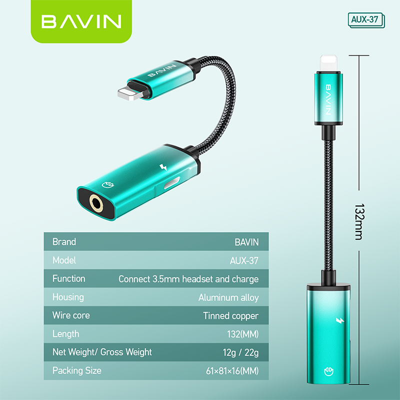 BAVIN AUX37 2-in-1 AUX Earphone Adapter iPhone to 3.5mm w/ Charging Port, Aluminum Alloy, Plug & Play
