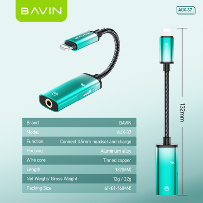 BAVIN AUX37 2-in-1 AUX Earphone Adapter iPhone to 3.5mm w/ Charging Port, Aluminum Alloy, Plug & Play