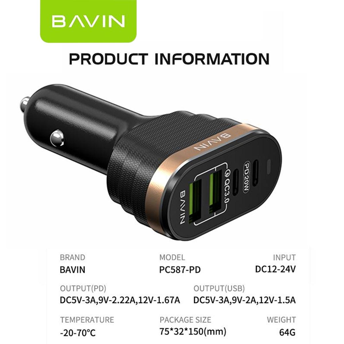 BAVIN PC587 40W Car Charger w/ Dual USB 3.0 + 20W PD Type-C Fast Charging for iPh & Android (Supports iPh17 Series)