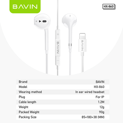 BAVIN HX860 HiFi Wired Earphone Plug & Play Stereo Audio No Bluetooth Required for iPhone 14 13 12 11 X