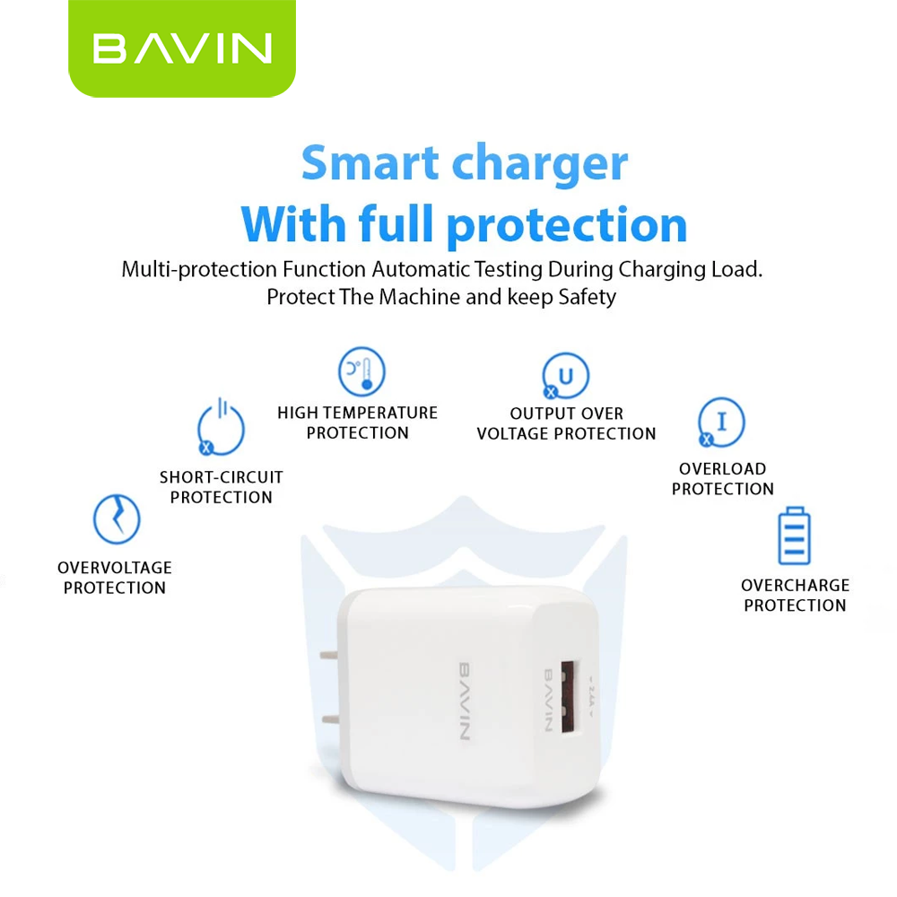 BAVIN PC368 2.4A Wall Charger w/ Multi-Protection & 1 Meter Cable for Micro / Type-C / iPhone