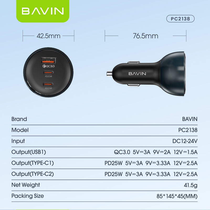 BAVIN PC2138 68W PD Fast Charging Car Charger w/ 25W 2x Type-C + 18W USB Ports QC3.0 for Phone