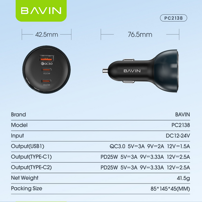 BAVIN PC2138 68W PD Fast Charging Car Charger w/ 25W 2x Type-C + 18W USB Ports QC3.0 for Phone