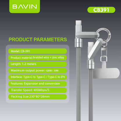 BAVIN U-CB391 2-in-1 30W PD Portable Fast Charging & Data Transmission Cable 1.2M Lanyard Type-C to iPhone / Type-C to Type-C