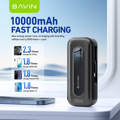 BAVIN PC1115 PD20W & 22.5W Fast Charging Powerbank 10000mAh w/ Built-In Cable Type-C for iPhone 16