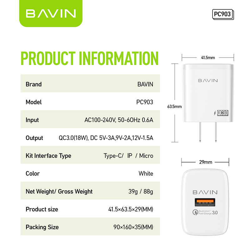 BAVIN PC903 18W Fast Charger Qualcomm 3.0 Portable Adaptor Charger Single USB Port W/ 1 Meter Cable