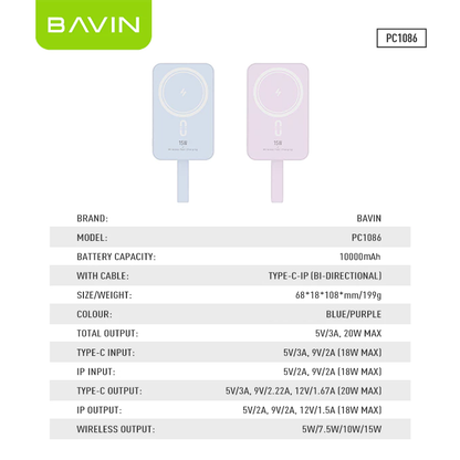 BAVIN PC1086 10000mAh PD 15W Mini Fast Charging Magnetic Powerbank Wireless Compact w/ Magnetic Ring