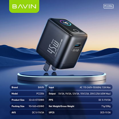 BAVIN PC2206 Mini 45W PD GaN Fast Charger Wall Adapter w/Smart Display+Foldable Plug for iPhone17/Laptop