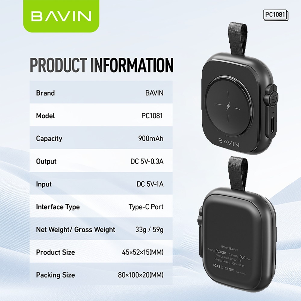 BAVIN PC1081 Portable Travel Wireless Magnetic Charger Power Bank 900mAh for iPhone Watch 8 7 6 5 4 3