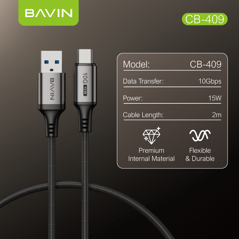 BAVIN CB409 3A 15W Fast Charging 2m Nylon Braided Type-C Data Cable w/ 10Gbps High-Speed Transfer