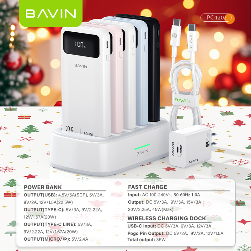 ( Christmas Gift ) BAVIN PC1202 10000mAh 5-in-1 Home Powerbank Set 22.5W Fast Charging w/ 45W PD Adapter + 60W Cable