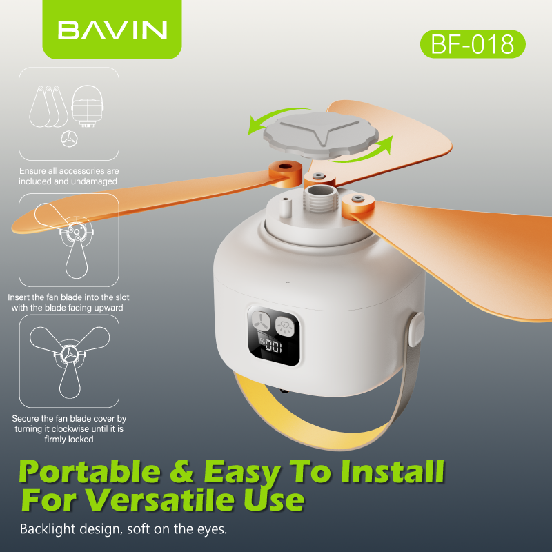 BAVIN BF018 5-in-1 Portable Outdoor Ultra Quiet Type-C Rechargeable Ceiling Fan w/ Light, Remote Control