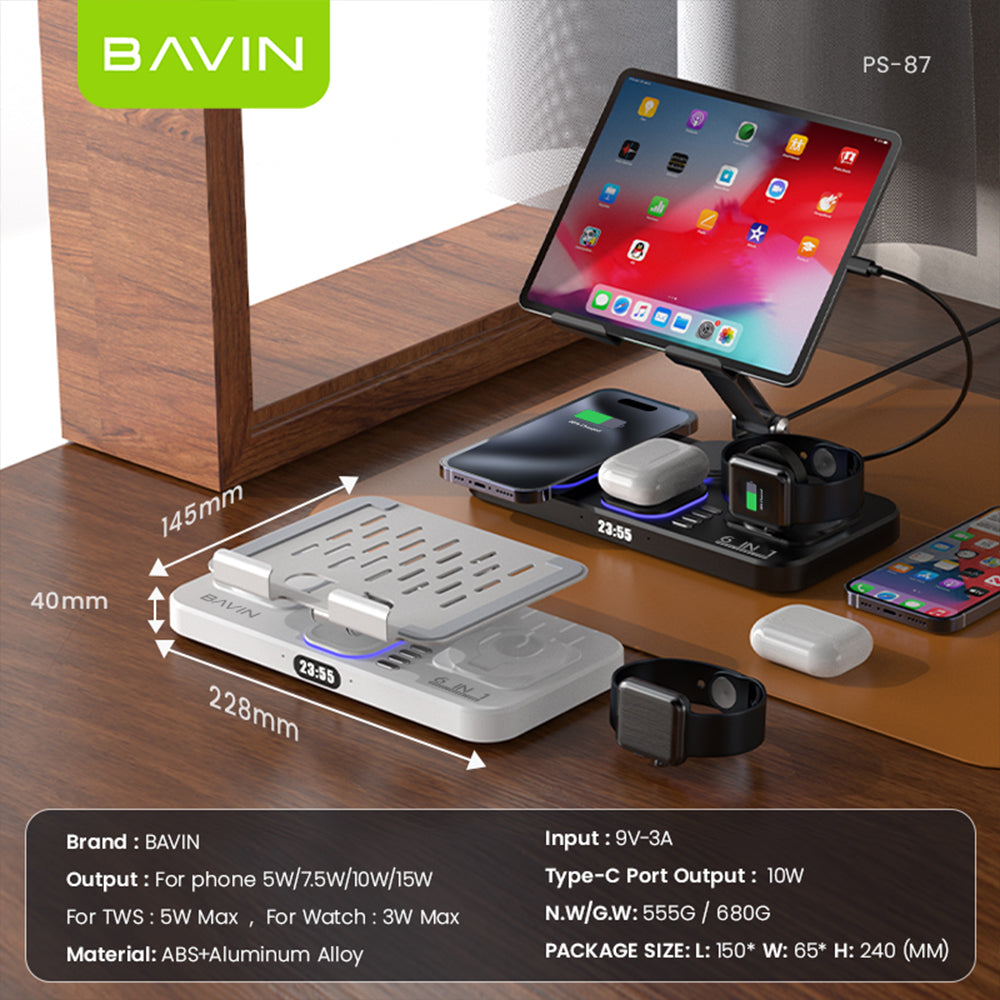 BAVIN D-S-PS87 6in1 Magnetic 15W Wireless Charging Stand w/ LED Light for Phone, Earbuds & Watch