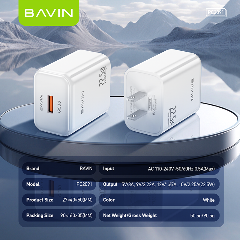 BAVIN PC2091 22.5W PD Fast Charging Charger Adapter USB Port &1 Meter Cable for Micro / Type-C /iPhone